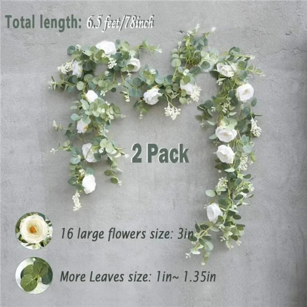 2 Pack 13Ft Artificial Eucalyptus Flower Garland with Fake Rose (White)